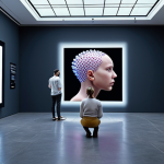 **"Futuristic digital art exhibition featuring AI-generated artwork and interactive installations, viewed by a diverse audience in a modern museum setting."**