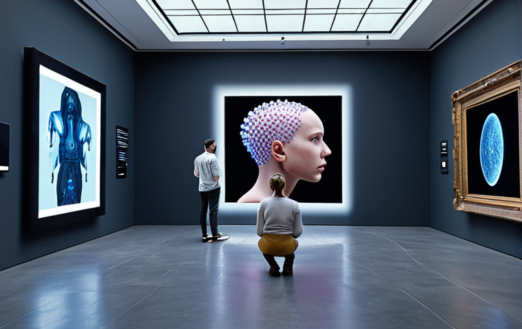 **"Futuristic digital art exhibition featuring AI-generated artwork and interactive installations, viewed by a diverse audience in a modern museum setting."**