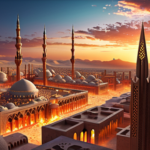 Home 6 A vibrant, awe-inspiring panoramic view of a futuristic Arab city, intricately detailed and glowing with ethereal light at sunset over a vast desert. The architecture is a seamless blend of ancient Islamic design principles with sleek, modern, and sci-fi elements, symbolizing an "explosion of creativity" and the transformation of abstract ideas into stunning visual realities. Dynamic, rich colors illuminate the sky and structures. Photorealistic yet deeply artistic, high resolution, cinematic, masterful composition, stunning visual, 8K.