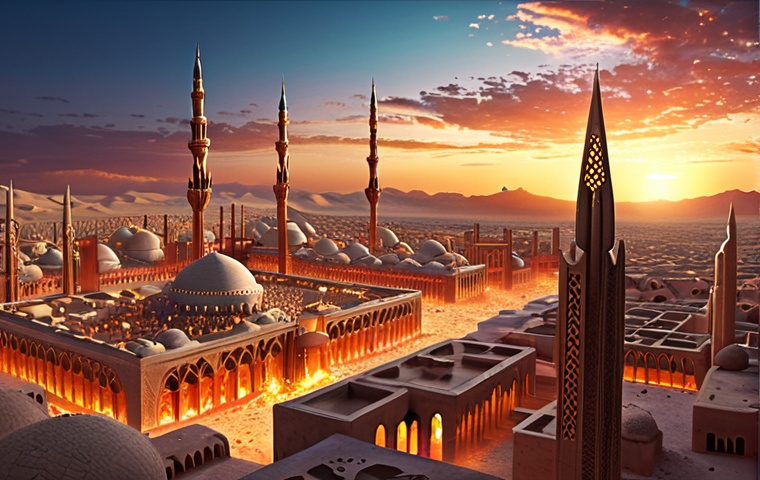 A vibrant, awe-inspiring panoramic view of a futuristic Arab city, intricately detailed and glowing with ethereal light at sunset over a vast desert. The architecture is a seamless blend of ancient Islamic design principles with sleek, modern, and sci-fi elements, symbolizing an "explosion of creativity" and the transformation of abstract ideas into stunning visual realities. Dynamic, rich colors illuminate the sky and structures. Photorealistic yet deeply artistic, high resolution, cinematic, masterful composition, stunning visual, 8K.