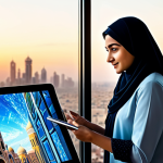 A focused female digital artist in her late 20s, dressed in a modest, professional contemporary business casual attire with subtle Arabian design elements. She is actively interacting with a large, glowing transparent screen or tablet displaying intricate AI-generated artwork, which blends futuristic urban landscapes with traditional Arabian architectural motifs. Her expression conveys concentration and creativity. The setting is a modern, clean, well-lit digital art studio. Through a large window, a vibrant, modern Middle Eastern city skyline is visible at sunset. professional photography, high resolution, cinematic lighting, realistic detail, perfect anatomy, correct proportions, natural pose, well-formed hands, proper finger count, natural body proportions, safe for work, appropriate content, fully clothed, modest, family-friendly.