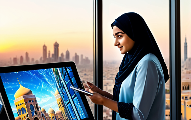 A focused female digital artist in her late 20s, dressed in a modest, professional contemporary business casual attire with subtle Arabian design elements. She is actively interacting with a large, glowing transparent screen or tablet displaying intricate AI-generated artwork, which blends futuristic urban landscapes with traditional Arabian architectural motifs. Her expression conveys concentration and creativity. The setting is a modern, clean, well-lit digital art studio. Through a large window, a vibrant, modern Middle Eastern city skyline is visible at sunset. professional photography, high resolution, cinematic lighting, realistic detail, perfect anatomy, correct proportions, natural pose, well-formed hands, proper finger count, natural body proportions, safe for work, appropriate content, fully clothed, modest, family-friendly.