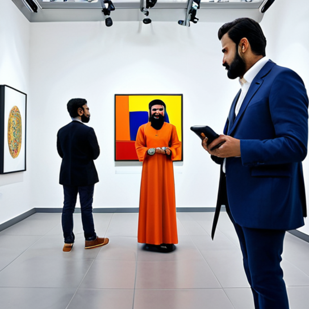 AI Art Exhibition**
"A brightly lit, modern art gallery in Dubai, showcasing a variety of AI-generated artworks: digital paintings, interactive installations, and generative sculptures. Diverse visitors, modestly dressed in both traditional and contemporary attire, are engaging with the art. Focus on the innovative use of technology and the fusion of art and science. Professional photography, high resolution, safe for work, appropriate content, fully clothed, family-friendly, perfect anatomy, correct proportions, natural pose."
**