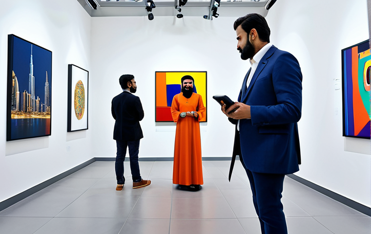 AI Art Exhibition**
"A brightly lit, modern art gallery in Dubai, showcasing a variety of AI-generated artworks: digital paintings, interactive installations, and generative sculptures. Diverse visitors, modestly dressed in both traditional and contemporary attire, are engaging with the art. Focus on the innovative use of technology and the fusion of art and science. Professional photography, high resolution, safe for work, appropriate content, fully clothed, family-friendly, perfect anatomy, correct proportions, natural pose."
**