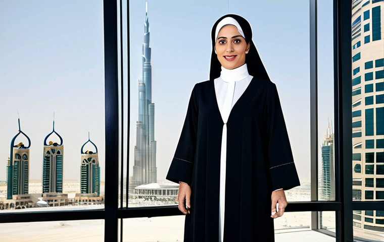 AI 아트의 그래픽 디자인 활용 - **
"A professional businesswoman in a modest, tailored abaya, standing confidently in a modern offi...