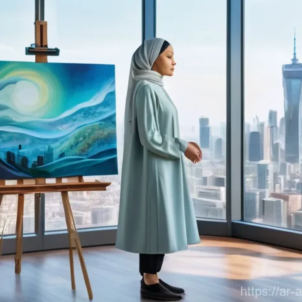 인공지능 아트의 기술적 원리 - **"A collaborative art studio in a futuristic cityscape.** A young female artist, wearing a modest y...