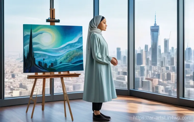 인공지능 아트의 기술적 원리 - **"A collaborative art studio in a futuristic cityscape.** A young female artist, wearing a modest y...