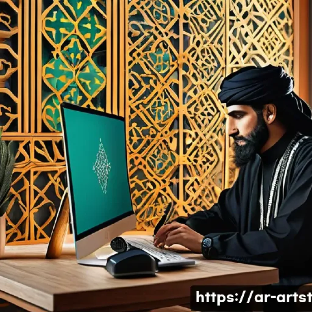 인공지능 아트를 이용한 소셜 미디어 활용법 - A vibrant digital art studio scene showcasing an Arabic content creator designing intricate AI-gener...