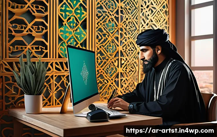 인공지능 아트를 이용한 소셜 미디어 활용법 - A vibrant digital art studio scene showcasing an Arabic content creator designing intricate AI-gener...