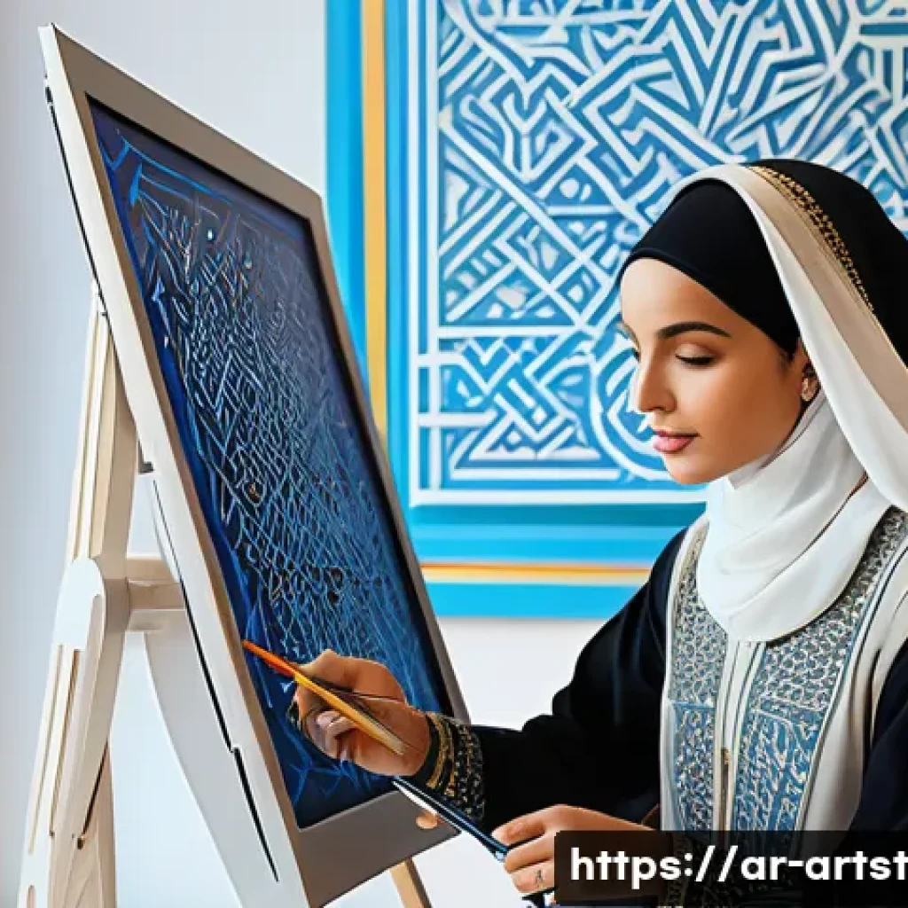 인공지능 아트의 사회적 의의 - A modern Arab artist collaborating with an AI-powered digital painting tool in a sleek, sunlit studi...