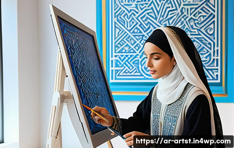 인공지능 아트의 사회적 의의 - A modern Arab artist collaborating with an AI-powered digital painting tool in a sleek, sunlit studi...