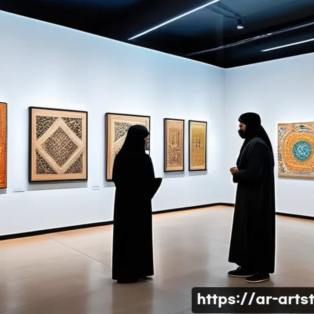 인공지능 아트의 진정성 논쟁 - A sophisticated art gallery scene in a modern Middle Eastern city, showcasing a diverse audience adm...