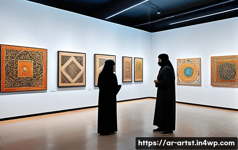 인공지능 아트의 진정성 논쟁 - A sophisticated art gallery scene in a modern Middle Eastern city, showcasing a diverse audience adm...