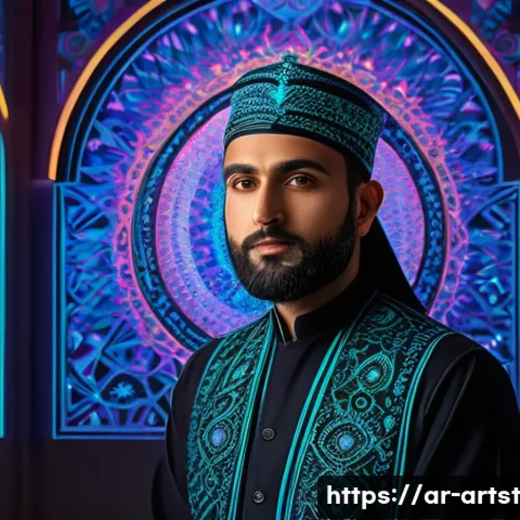AI 아트의 기초 개념 설명 - A visionary digital artist's studio blending traditional Middle Eastern motifs with futuristic AI-ge...