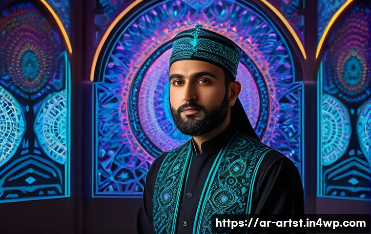 AI 아트의 기초 개념 설명 - A visionary digital artist's studio blending traditional Middle Eastern motifs with futuristic AI-ge...