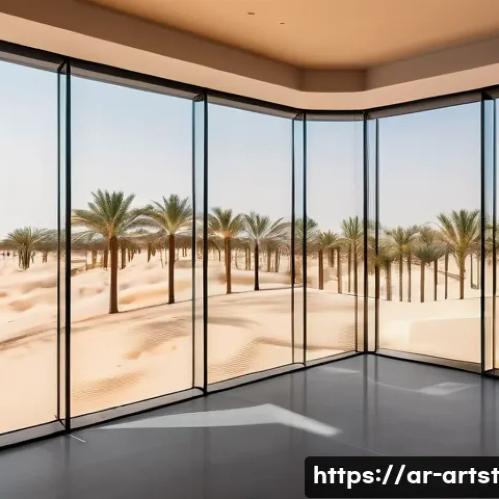 AI 아트의 지속 가능한 개발 방안 - A futuristic AI art studio in Dubai powered entirely by solar energy, showcasing sleek servers glowi...