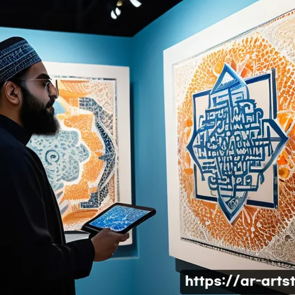 인공지능 아트의 사회적 기업 사례 - A vibrant interactive art exhibition in a modern urban gallery, blending traditional Arabic calligra...
