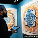 Home 21 인공지능 아트의 사회적 기업 사례 - A vibrant interactive art exhibition in a modern urban gallery, blending traditional Arabic calligra...