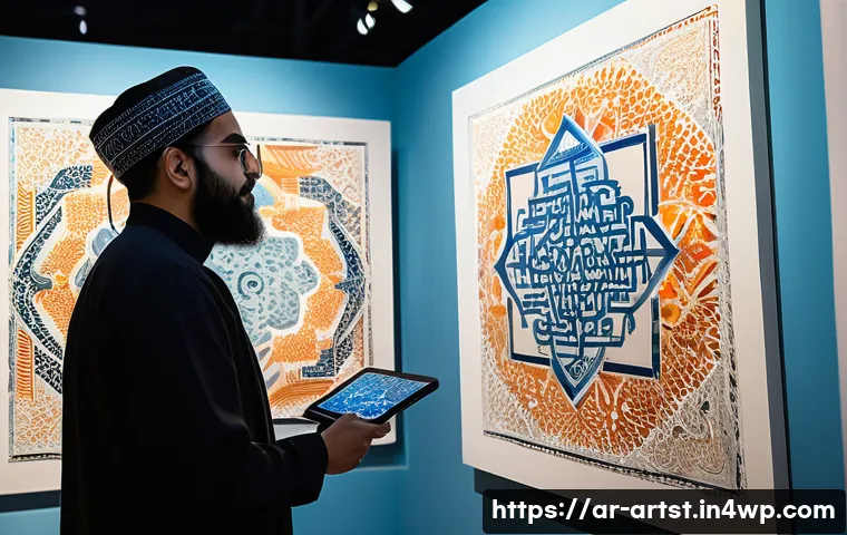 인공지능 아트의 사회적 기업 사례 - A vibrant interactive art exhibition in a modern urban gallery, blending traditional Arabic calligra...