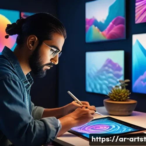 Home 32 인공지능 아트의 장단점 - A modern digital artist of Middle Eastern descent, wearing casual contemporary clothing, seated in a...