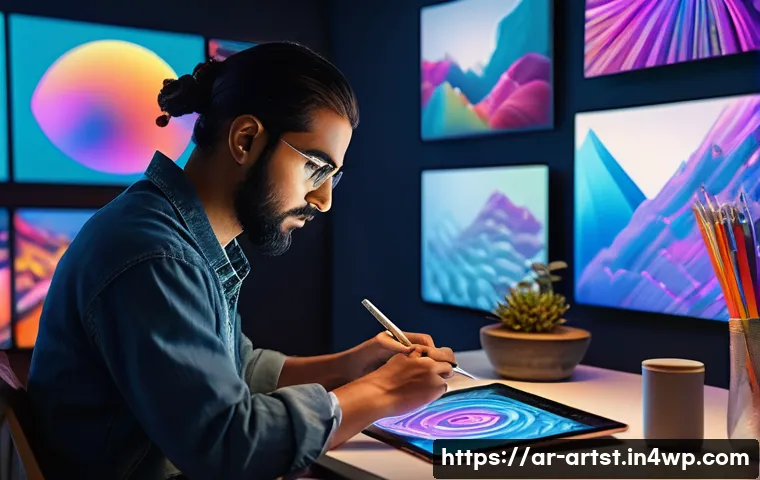 인공지능 아트의 장단점 - A modern digital artist of Middle Eastern descent, wearing casual contemporary clothing, seated in a...