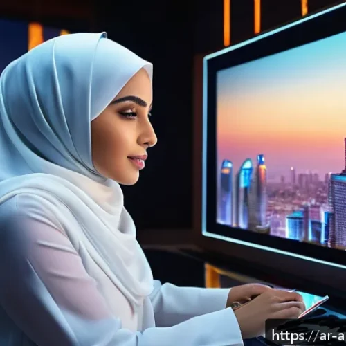 Home 31 인공지능 아트의 오디오 비주얼 작업 - A futuristic digital art studio scene set in a modern Middle Eastern cityscape at dusk, featuring an...