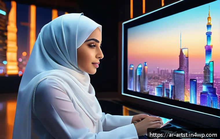 인공지능 아트의 오디오 비주얼 작업 - A futuristic digital art studio scene set in a modern Middle Eastern cityscape at dusk, featuring an...
