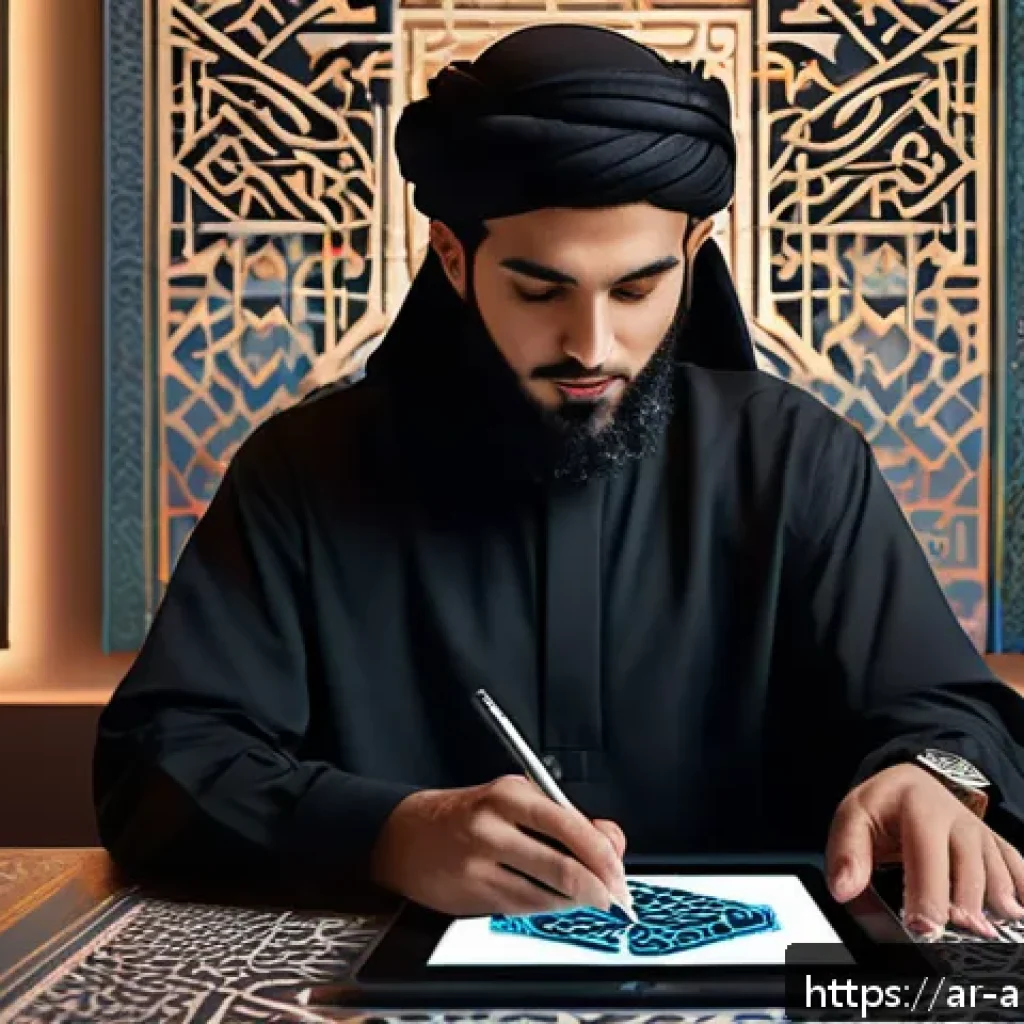 인공지능 아트의 글로벌 트렌드 - A futuristic digital artist’s studio blending traditional Middle Eastern calligraphy tools with adva...