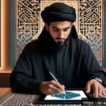 Home 18 인공지능 아트의 글로벌 트렌드 - A futuristic digital artist’s studio blending traditional Middle Eastern calligraphy tools with adva...