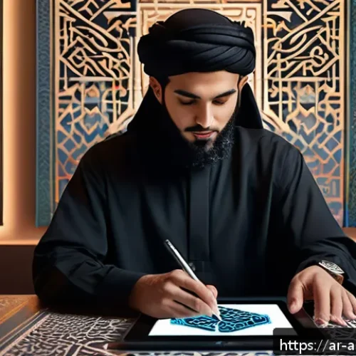 Home 30 인공지능 아트의 글로벌 트렌드 - A futuristic digital artist’s studio blending traditional Middle Eastern calligraphy tools with adva...