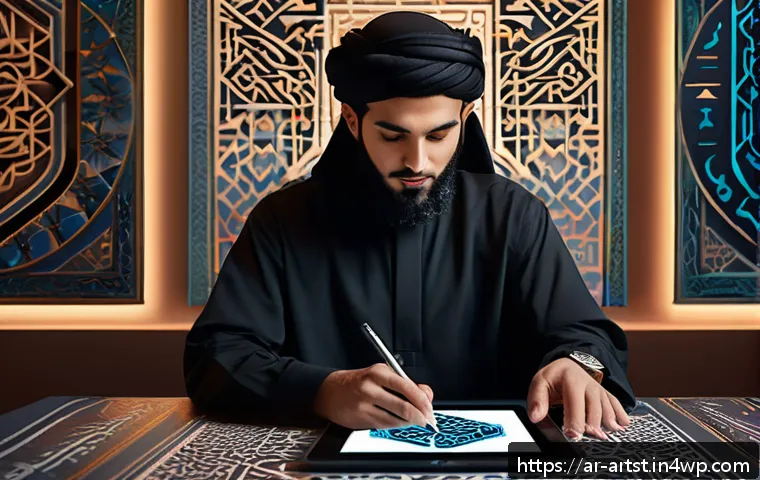 인공지능 아트의 글로벌 트렌드 - A futuristic digital artist’s studio blending traditional Middle Eastern calligraphy tools with adva...