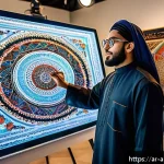 Home 23 인공지능 아트의 도전과 기회 - A modern Arab artist in a contemporary art studio, using advanced AI-powered digital tools on a larg...