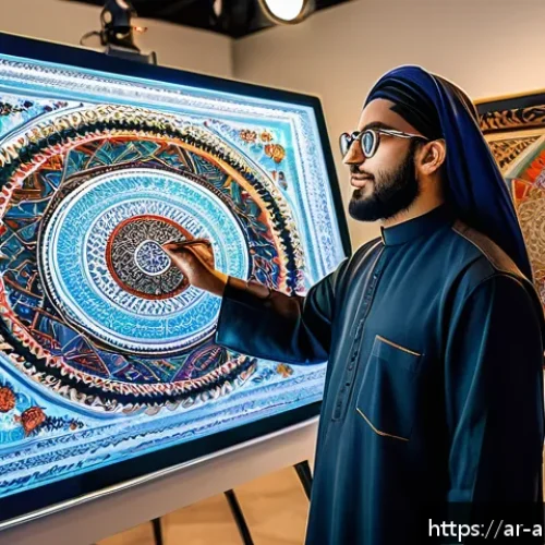 Home 17 인공지능 아트의 도전과 기회 - A modern Arab artist in a contemporary art studio, using advanced AI-powered digital tools on a larg...