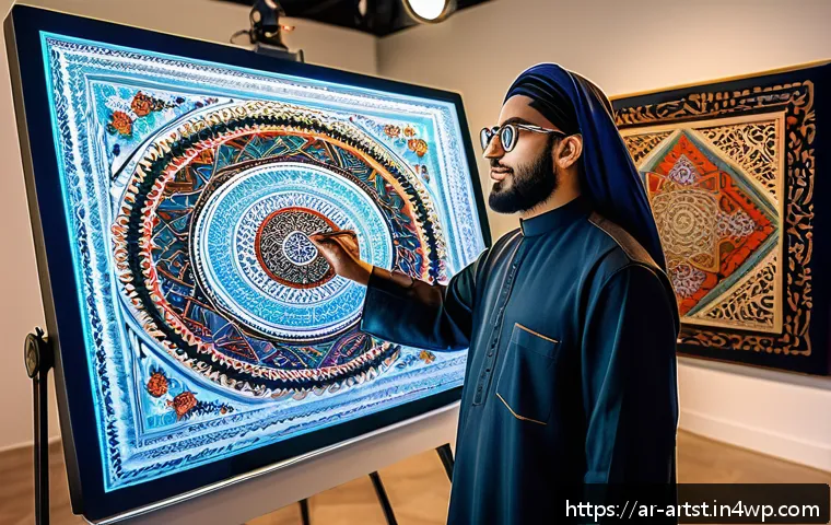 인공지능 아트의 도전과 기회 - A modern Arab artist in a contemporary art studio, using advanced AI-powered digital tools on a larg...