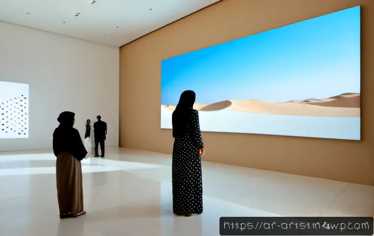 Home 17 AI 미술관 탐방기 - Photorealistic contemporary AI art museum interior in a Gulf Arab city, an Arab family in modest ele...