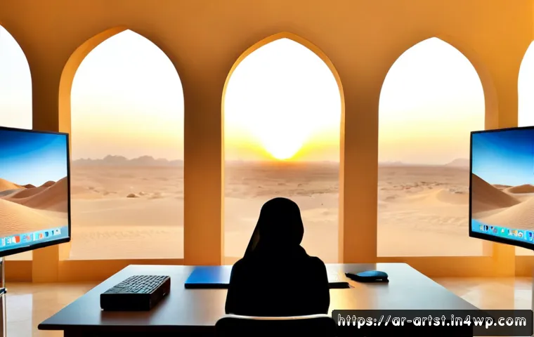 AI 아트의 다양한 장르 탐구 - Photorealistic contemporary art studio in Dubai, an Arab digital artist in modest clothing seated at...