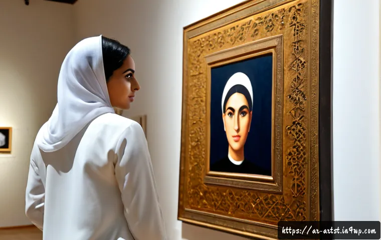인공지능 아트에 대한 비판적 시각 - Photorealistic editorial scene in a contemporary Arab art gallery, a thoughtful Middle Eastern femal...